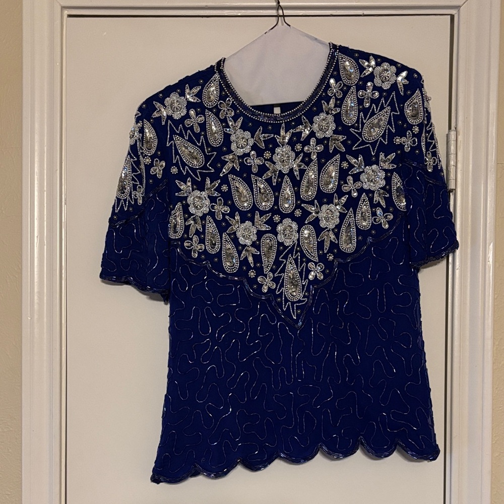 Laurence Kazar Royal Blue Blouse with Silver Embellishments